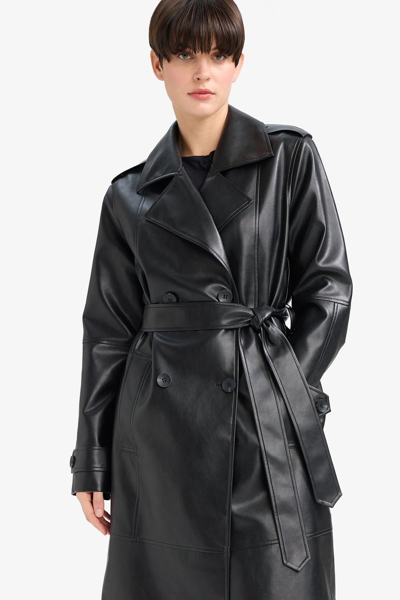 DeFacto Black Woman Regular Fit Faux Leather Trenchcoat Casual - Image 5
